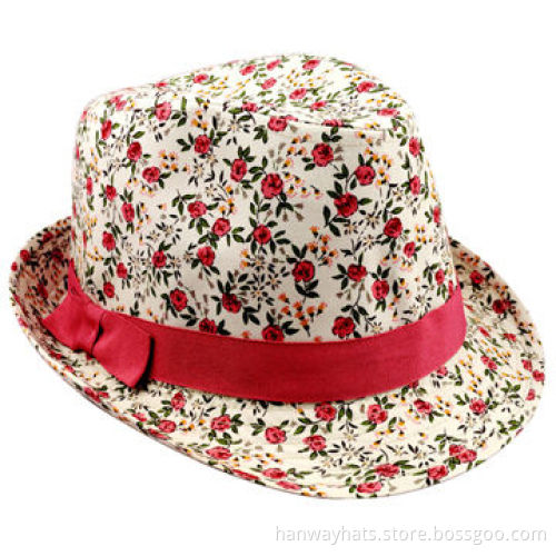 Fashionable All-over Floral Print with GG Hat Band and Bow Trim Red Band Fedora Hat